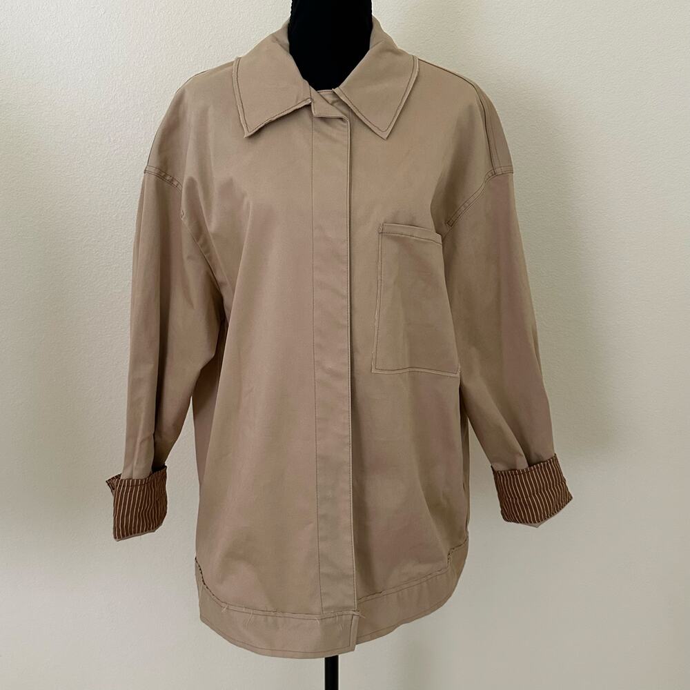 Zara Women Long Sleeve Button Front Beige Khaki Button Front Jacket Size L NWT